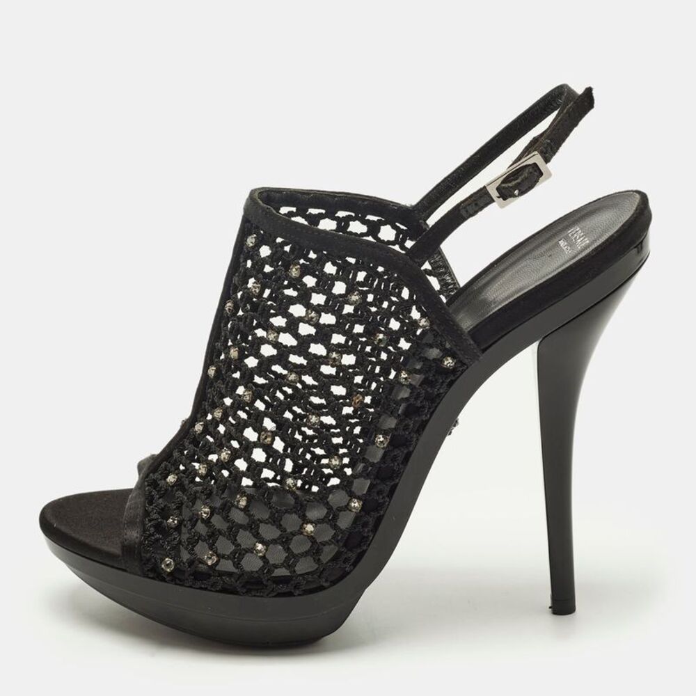 Versace Size 40 Black Mesh And Satin Rhinestone Embellished Open Toe Ankle
